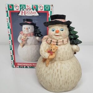 Vintage Holiday Collection Faux Carved Look Snowman Figurine Teddy Christmas‎
